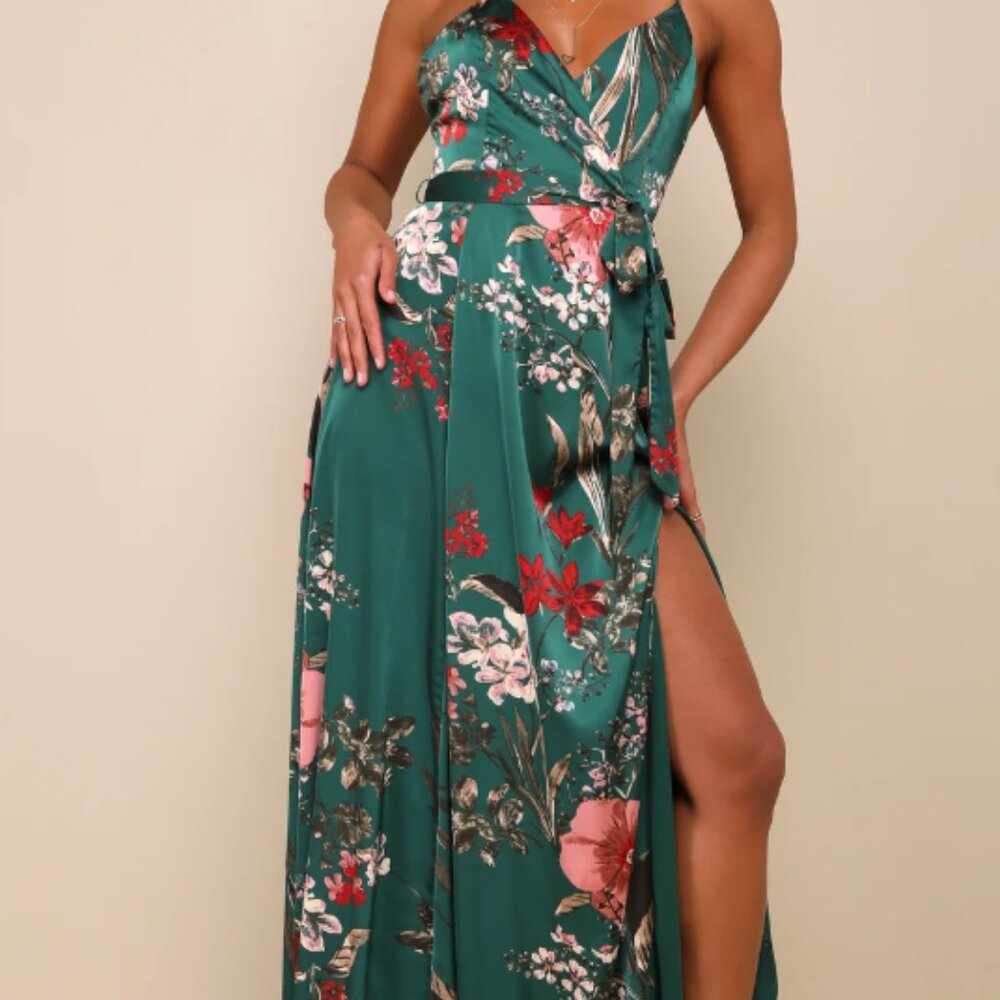 NWT Lulu’s Green Floral Satin Wrap Style Maxi Dress Sz L - Picture 7 of 10